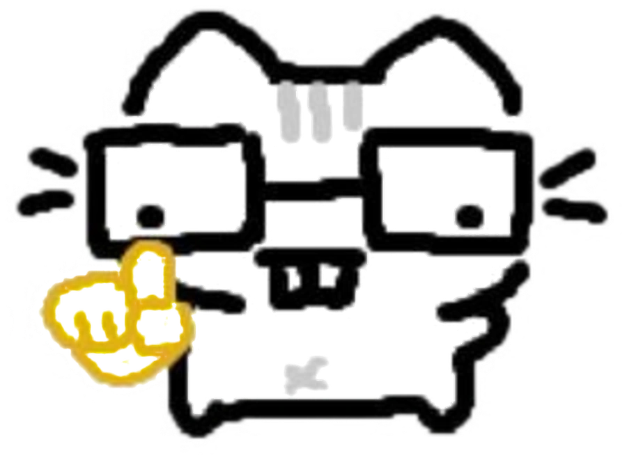 A crudely drawn cat in square glasses raising one finger